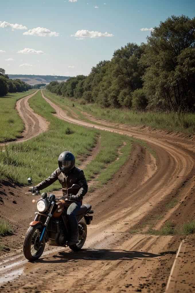 2D cartoons, preacher man, traveling by motorcycle, with helmet, dirt road, muddy river in the background