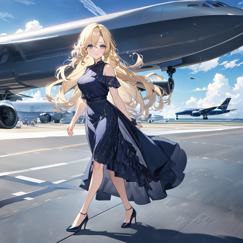 A woman wearing a navy blue dress with a white star pattern, large breasts, blonde hair, long hair, navy blue heels, blue eyes, walking on the runway of an airport, standing, very wide runway with aircraft in the background, blue sky with clouds, place during the day,UHD , prime work , accurate , anatomically correct , textured skin , super details , high quality , best quality, 8k, high resolution, bokeh effect. (woman alone)
