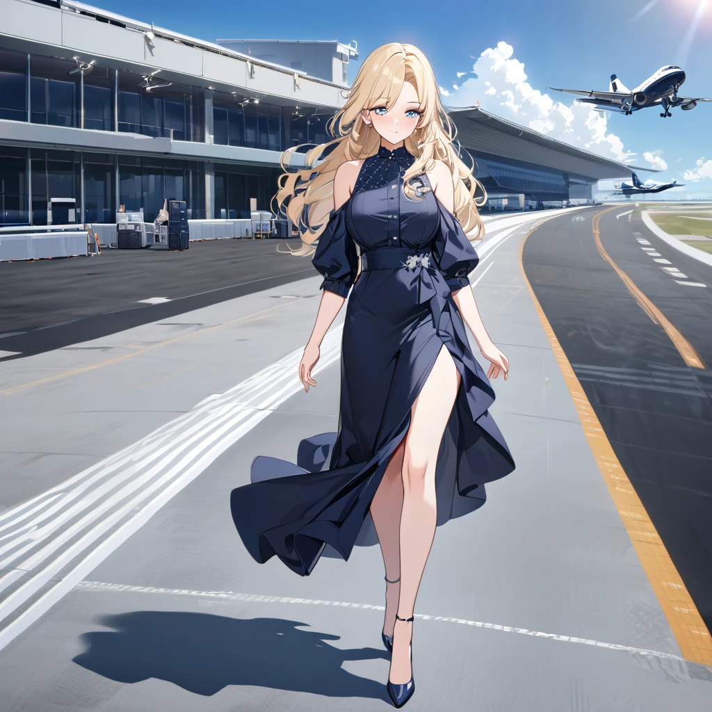 A woman wearing a navy blue dress with a white star pattern, large breasts, blonde hair, long hair, navy blue heels, blue eyes, walking on the runway of an airport, standing, very wide runway with aircraft in the background, blue sky with clouds, place during the day,UHD , prime work , accurate , anatomically correct , textured skin , super details , high quality , best quality, 8k, high resolution, bokeh effect. (woman alone)
