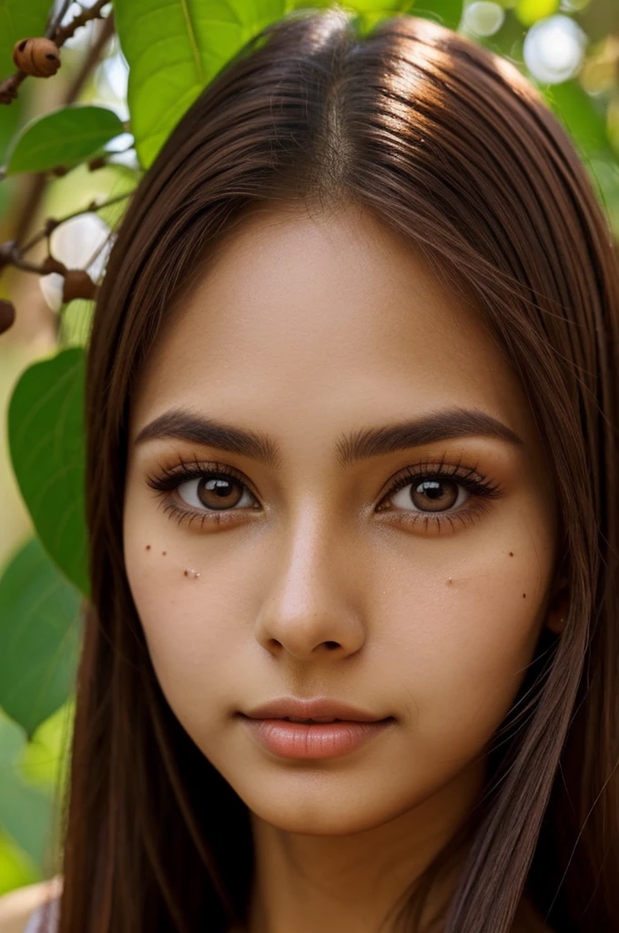 A woman with a mole on her cheek, Cinnamon skin, chestnut, with big eyes, thin lips and full leaves, very pretty