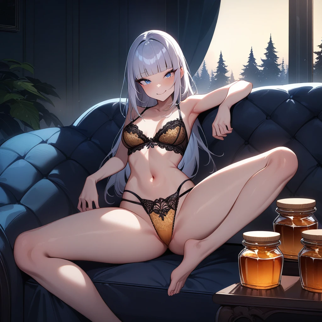 (masterpiece),(best quality),very aesthetic,(ultra-detailed),(illustration),(degenerate),nsfw,1girl,,slender,long hair,silver hair,straight hair,(blunt bangs),dark blue alluring eyes,comfortable,smirk,fusion of golden honey and elegant lace bra,fusion of golden honey and elegant lace panties,bare legs,honey,Honey Dipper,Jar of honey,looking at jar of honey,ecstasy,happy,inroom,couch,reclining,on couch,night sky,Lascivious atmosphere,fantasic atmosphere,moonlight,Moonlight through the window,forest landscape,backlighting,(darkness room),Lace curtains flutter in the wind,Old furnishings,dusty room,cowboy shot