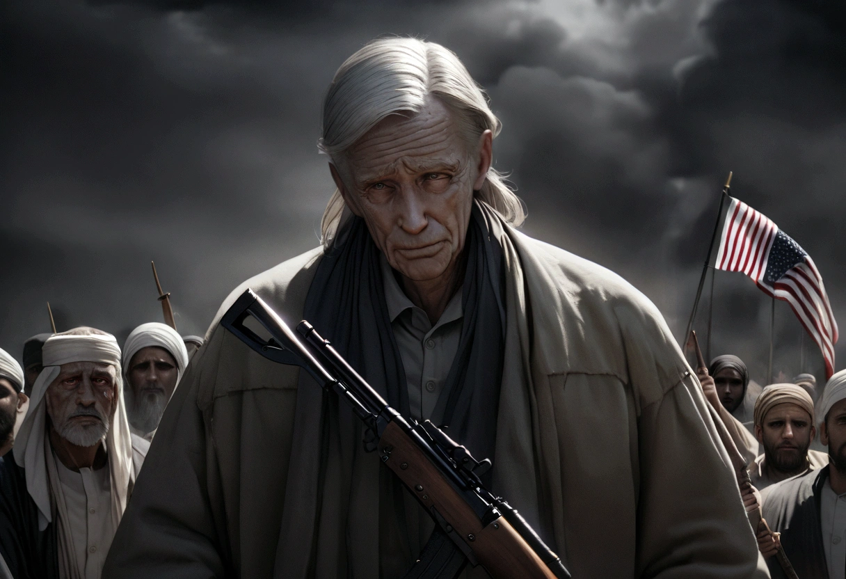 a decrepit old man, joe biden, cheering at a muslim terrorist rally (hijabs that obscure face, wielding swords and AK47 machine guns, flags of Iran and Islam), pledging american support, detailed wrinkled face, saggy skin, sunken eyes, grey hair, disheveled appearance, american flag, muslim extremists, explosions, chaos, dark clouds, eerie lighting, gloomy atmosphere, cinematic, highly detailed, photorealistic, 8k, dramatic, unnerving, unsettling
