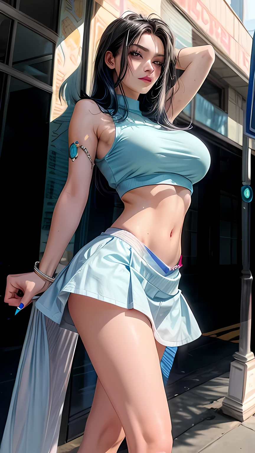 A sexy girl, beautiful beauty, light blue hair, her big round blue eye, light pink lip, she wears a white sleeveless shirt, shows her navel, and a long blue skirt with a long heel, black hair, wearing a pussy.