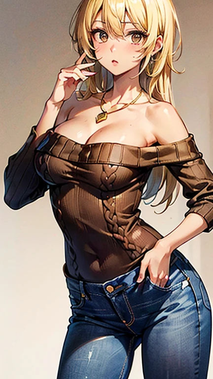 Nishizumi Shiho,Darjeeling,where,
One Woman,
(Blonde:1.5),
(Semi-long hair:middle,)Ashime,Perm,Gradient Hair:Gold-black,
Late 30s,Natural skin texture,Narrow waist,
(Brown skin:1.9),tall,Sunburn,
Japanese Girl,Gal,
light brown eyes,Slightly larger breasts,
((((Black off-the-shoulder sweater)))),
(((Jeans pants))),
((Gold diamond necklace)),
(corset:1.1),
((ID photo:1.8,Plain background:1.6,Capture your subject from the front)),
expression(Straight face),upright posture,
Natural depiction,
Beautiful depiction,
Shiny eyes,
Healthy Body,
Natural hairstyle,
Natural body contours,
Natural facial contours,
(Five fingers)Absolute depiction,Symmetrical fingers,
Two arms,
Two legs,
Sharp eyelid depiction,
Symmetrical eyes,Symmetrical eyes,
Keep the subject in the center,Expand the upper body,
Beautiful image quality,
Delicate shades,
4K,Very detailed,
Delicate light adjustment,
Delicate contour drawing,