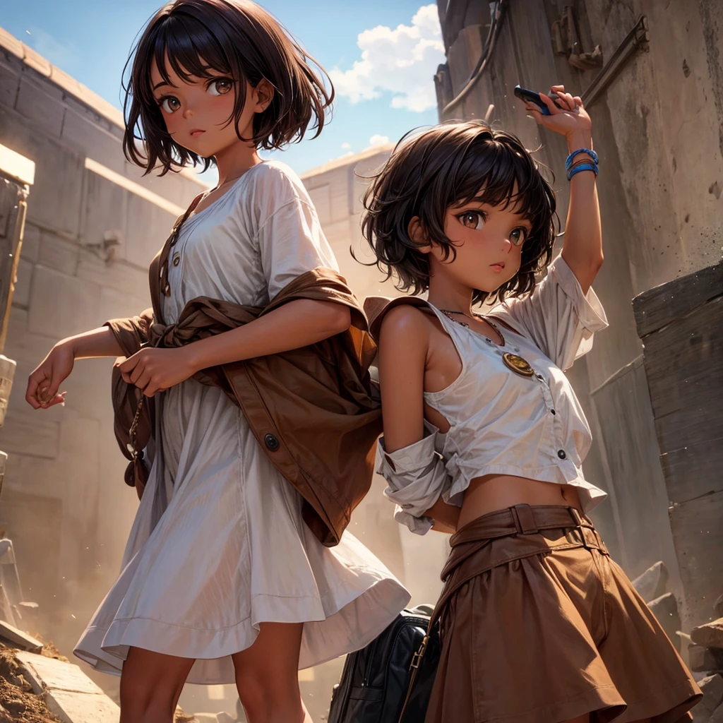 A 8-year-old slave girl, white, thin, injured, with several scars, with torn and dirty clothes, with light brown hair and blue eyes, walking on the deserted street at dusk.