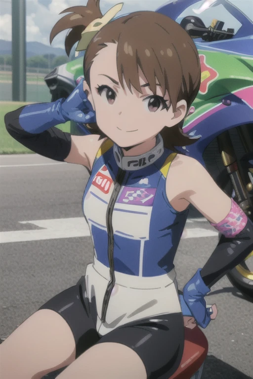 (((pixel-perfect, detail-perfect))), solo, 1girl, ami futami, motogp outfit, elbows, pads, boots, gloves, motogp helmet, racing bike, sitting on bike, looking at viewer, smile