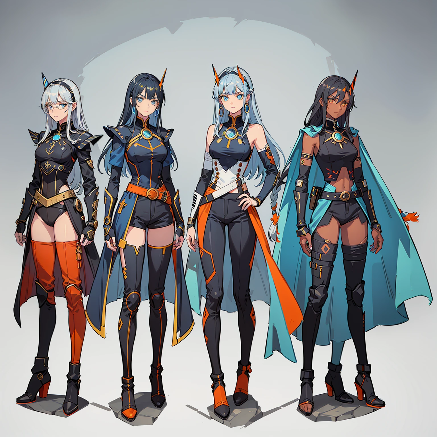 (((three characters))), female, (((dark skin)))), Black hair with ponytail, Light blue eyes, Round glasses with small dark lenses, This lens is orange, and Light Blue frame, ( ((Black metallic gauntlets and greaves with orange and silver details)), (((The clothes have a mix of modern and tribal)))), Having mainly black color, but having pieces of orange, Bare shoulders, On the hips , pants extending to mid-thigh in black.
