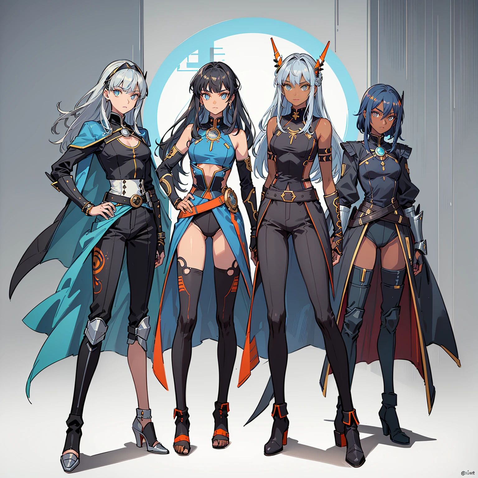 (((three characters))), female, (((dark skin)))), Black hair with ponytail, Light blue eyes, Round glasses with small dark lenses, This lens is orange, and Light Blue frame, ( ((Black metallic gauntlets and greaves with orange and silver details)), (((The clothes have a mix of modern and tribal)))), Having mainly black color, but having pieces of orange, Bare shoulders, On the hips , pants extending to mid-thigh in black.
