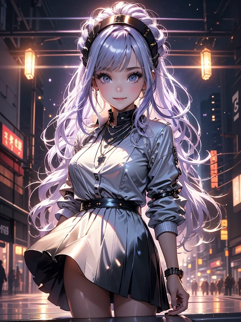 work of art,1 girl,standing alone, drlight smile, Metallic Necklace, white shirt, modern , Accessories, two-tone hair color in purple and black, unique hairstyle, fashionable, black backdrop