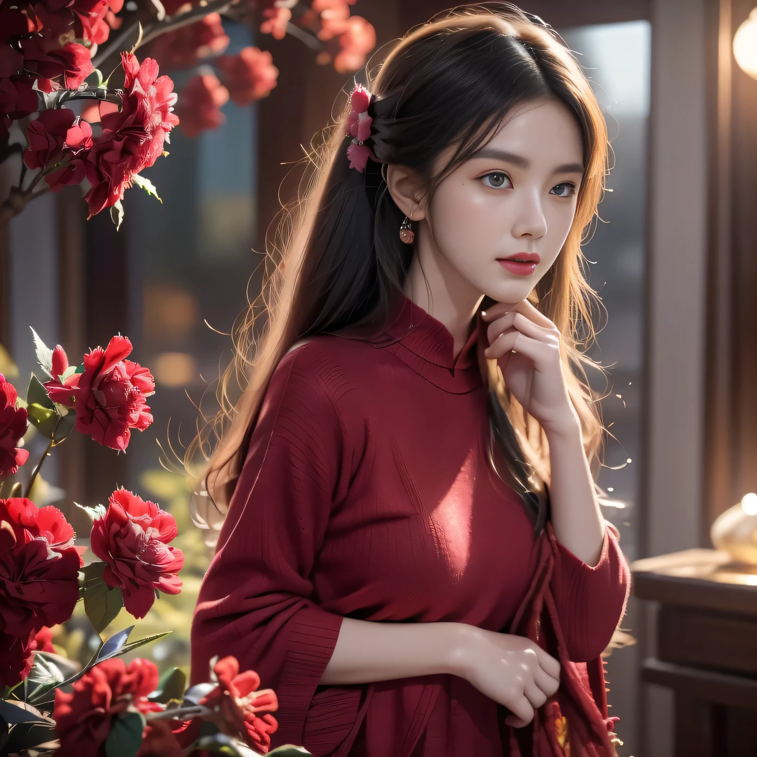 A woman in a red sweater poses with pink flowers, Ghost Festival, Inspired by Huang Ji, Inspired by Ma Yuanyu, Inspired by Song Maojin, Inspired by Li Fangying, Cover photo: Portrait of Du Juan, Inspired by Chen Daofu, cai xukun, Popular content on cgstation, Inspired by Tang Yifen