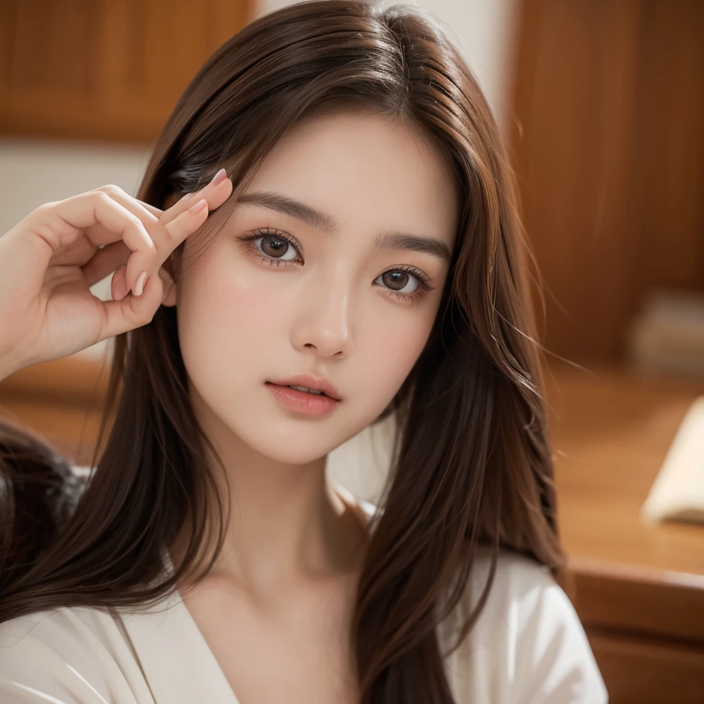best quality, masterpiece, (Practical:1.2), 1 girl, 25 years old,Brown hair, Brown eyes,Delicate face, beautiful eyes,Upper body photo,close up,front, Sit upright,Head-up lens,ID photo,