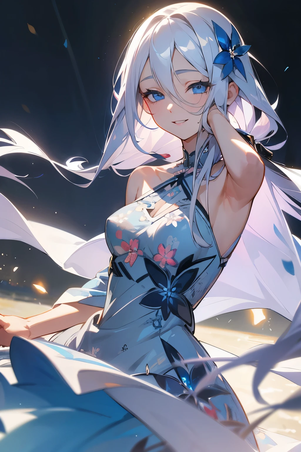 silver hair, (blue eyes:1.3), blue eyes, smiling face, celebrating, skin realistic, eyes shiny, hair detailed, beautiful illustration,(long hair:1.3), night,Beautiful girl、Get excited、(((Summer floral dress)))
