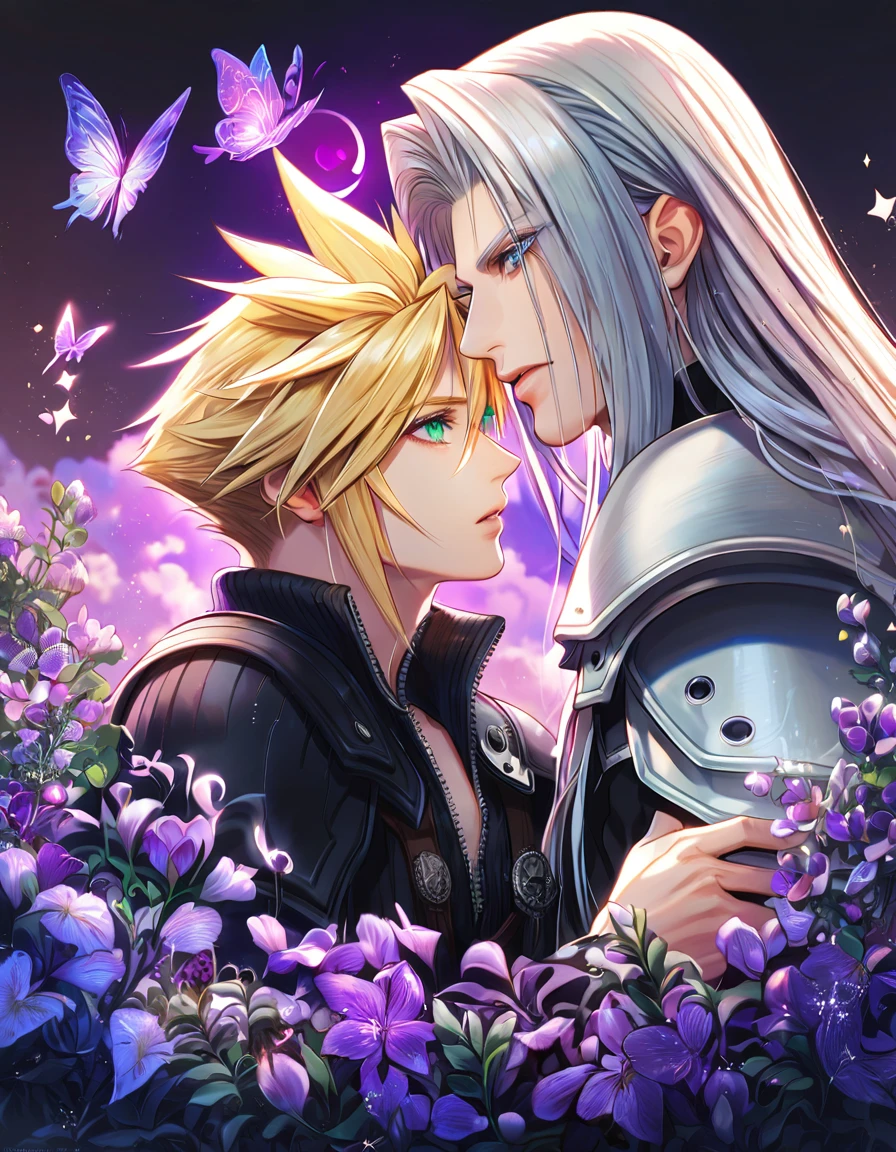 absurdres, highres, ultra detailed, HDR, master piece, best quality, extremely detailed, Sephiroth, gray hair, expressive green eyes, Final Fantasy VII remake, Cloud Strife, blonde hair, expressive blue eyes, two men together, gay couple, yaoi, handsome, black clothes, fantasy, magical, sparkling, water, glass, purple moon, purple flowers, purple butterflies, purple petals