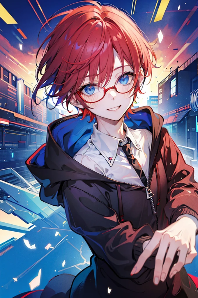 (((head shot))) (((masterpiece))), best quality, Ultra-fine CG unity 8k wallpaper (1 Boy:1.3) ((androgynous male)) ((Red short hair)), ((blue eyes)), ((Black glasses)) (Gentle smile) (Red Hoodie)