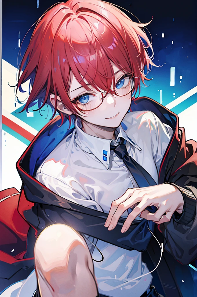 (((head shot))) (((masterpiece))), best quality, Ultra-fine CG unity 8k wallpaper (1 Boy:1.3) ((androgynous male)) ((Red short hair)), ((blue eyes)), ((Black glasses)) (Gentle smile) (Red Hoodie)