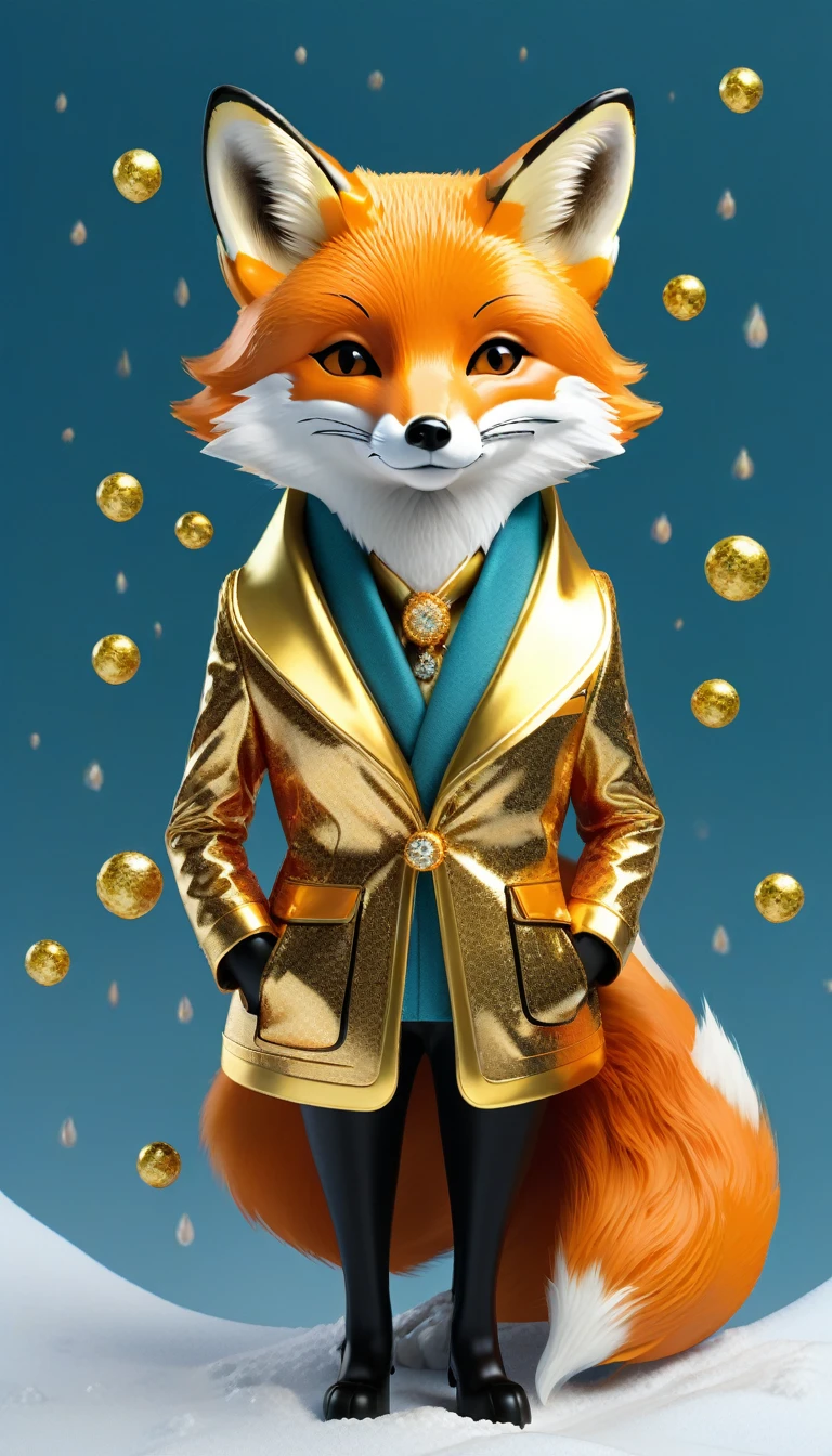 A fox，Mimic the style of the weather girls，Talk enthusiastically about the weather forecast。A fox，Wearing a colorful、Artistic gold jacket，In addition to the face，Everything on the body is a fox. Create an image of this composition using the following rules: We will create a card game pattern.. The design will be surrounded by a border, So please keep the design 80% Start from the center of the space，This way it won&#39;t cover the characters. The atmosphere should be dark and mysterious, Use indirect lighting and a textured background. The central figure should stand out. Full body image, The poses are dynamic, the overall color is earthy, the clothing is brightly colored, the texture is realistic, and the clothing is finely crafted.. They wear stylish sneakers, boots, and sandals. hat, cigar, smokes Accessories Choice of necklaces, earring, ring, scarf, hat, cigar, smokes, car, motorcycle, Tattoo, ETC. Match the outfit and mood. real, 8K,. No human touch, No skin color.
