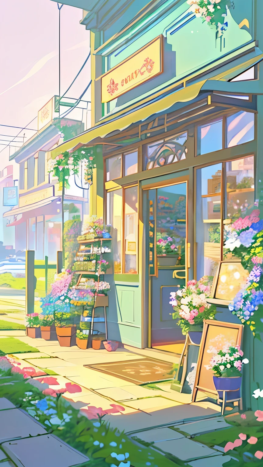 There is a small shop in front,There are flowers and plants inside, Flower shop scene, anime background technology, Cozy cafe background, Flower environment, interior background technology, background technology, Anime Landscape Concept Art, Royal Garden Background, background technologywork, Flower Arrangement Club, Fantasy Bakery, Detailed scenery —width 672, Anime Background, Downtown Background, Lovely bakery