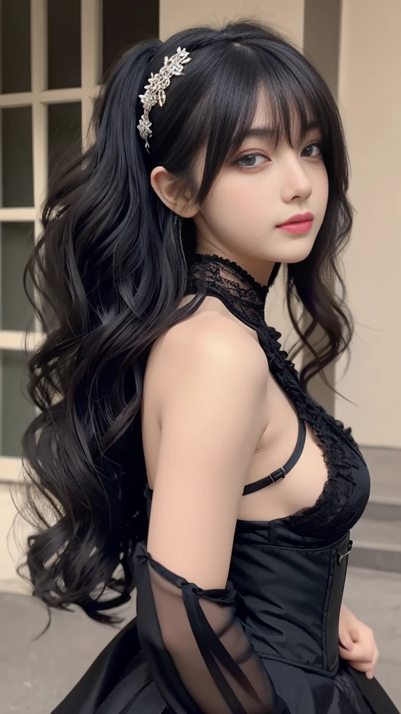 A noble vampire , very beautiful, long black straight hair, light gray eyes,Round face,Caucasian skin, breasts big, Waist slender, big and hot ass, wearing stylish and fine lingerie, and attractive, in a luxurious bed
