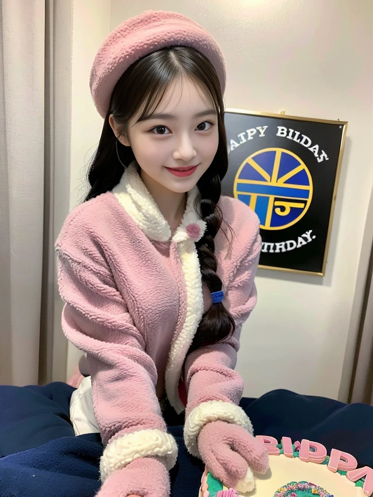 (A photo of a super cute Korean schoolgirl wearing a fleece jacket posing for the camera with a birthday cake:1.2)(grin,smile:1.1)(Beautiful Sweat:1.1)(16K, RAW Photos, Highest quality, masterpiece: 1.2),(A cute braid of shiny black hair) Super detailed, Super Resolution, (Genuine, Genuine photos: 1.37), Portraiture, High-resolution RAW color photos, Professional photos, Very detailed, 8k wallpaper, Very detailed CG Unity 8k wallpaper, Very detailed beautiful girls, Very detailed faces, ((whole body)), beautiful woman, Huge breasts,(huge boobs:1.1) (Big Boobs:1.1), beautiful (Wearing a fleece jacket),high school girl, Korean Girls,(K-POP Female Idols), (Idol-class beauty)(Beautiful high school girl:1.1)(Birthday party)()(Tight fleece jacket:1.1)Wearing a fluffy scarf and hand-knitted gloves(A large birthday cake with 12 candles)Wearing warm gloves and a cute beret
