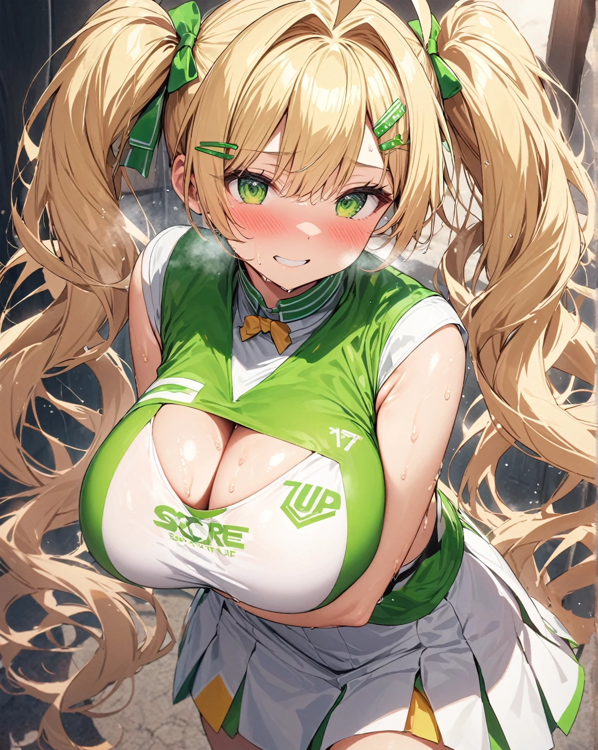 (((score_9, score_8_up, score_7_up,
1girl,solo,long hair,blonde hair,green eyes,ahoge,white hairpin,hair intakes,bow,hairclip,twintail hair,))),((Perfect body,))((Super beautiful,))((High quality,)),(Heavy breathing,saliva,blush, sweat, Sweaty and wet all over,Steam,)((iyojima anzu, blond hair,green eye,))((gigantic breast)),((Perfect body,))((Super beautiful,))((High quality,))((Cheerleader costume,pom pon,)),pov,Looking at Viewer,looking shyly smile,nipple,half open eyes,