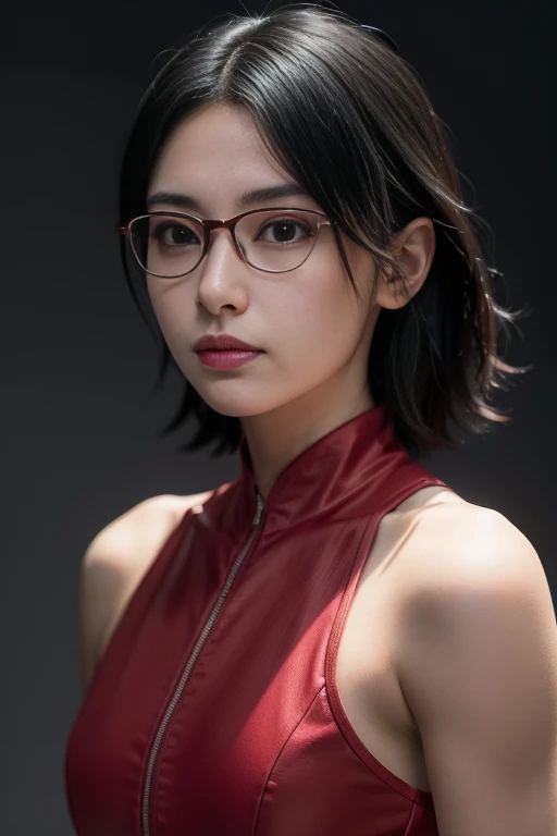 (highres,masterpiece:1.2),ultra-detailed,realistic,professional,beautiful detailed eyes,beautiful detailed lips,dark hair,short black hair,red glasses,stunning black eyes,clear skin,18-year-old girl,fashionable short hairstyle,vibrant red glasses,Shinobi Academy,fierce determination,confident posture,crimson outfit,intense gaze,background filled with ninjutsu techniques,shadows cleverly accentuating her features,subtle studio lighting,sublime realism,striking color tones
