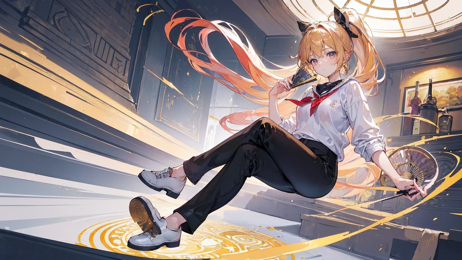 (Super detailed)),((illustration))，((masterpiece)),(((need))),((fine、Highest quality CG Unity 8K wallpapers，masterpiece），（（4K，masterpiece，best quality）），16-year-old girl with a golden high ponytail，Slightly mature，Red pupil，Cold eyes，Holding a folding fan in his hand，There are various patterns on the folding fan，noble，There are many golden magic circles around，Daily casual clothes，Black trousers，White shoes，In a bustling metropolis，individual，Full body picture