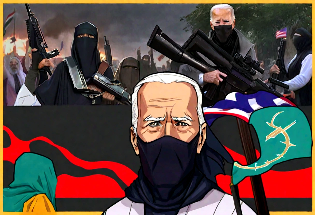 a decrepit old man, joe biden, cheering at a muslim terrorist rally (hijabs that obscure face, wielding swords and AK47 machine guns, flags of Iran and Islam), pledging american support, detailed wrinkled face, saggy skin, sunken eyes, grey hair, disheveled appearance, american flag, muslim extremists, explosions, chaos, dark clouds, eerie lighting, gloomy atmosphere, cinematic, highly detailed, photorealistic, 8k, dramatic, unnerving, unsettling