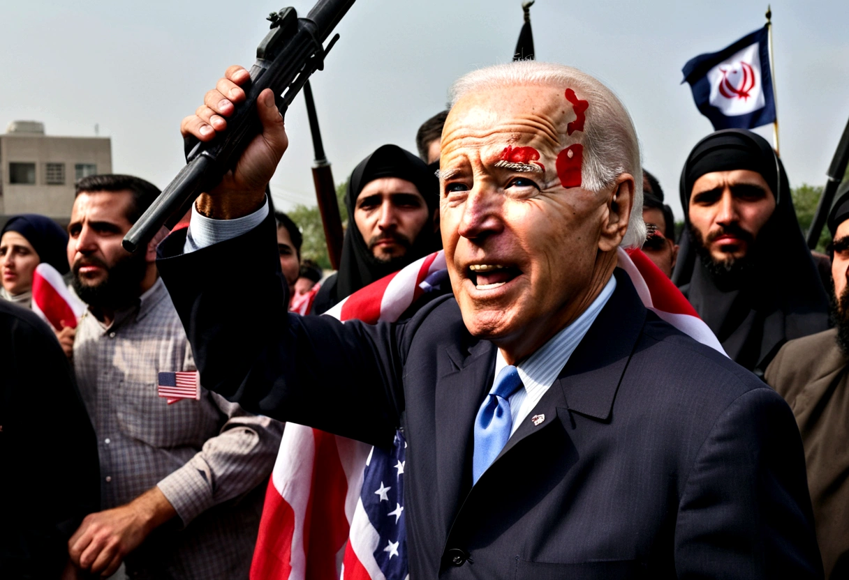 a decrepit old man, joe biden, cheering at a muslim terrorist rally (hijabs that obscure face, wielding swords and AK47 machine guns, flags of Iran and Islam), pledging american support, detailed wrinkled face, saggy skin, sunken eyes, grey hair, disheveled appearance, american flag, muslim extremists, explosions, chaos, dark clouds, eerie lighting, gloomy atmosphere, cinematic, highly detailed, photorealistic, 8k, dramatic, unnerving, unsettling