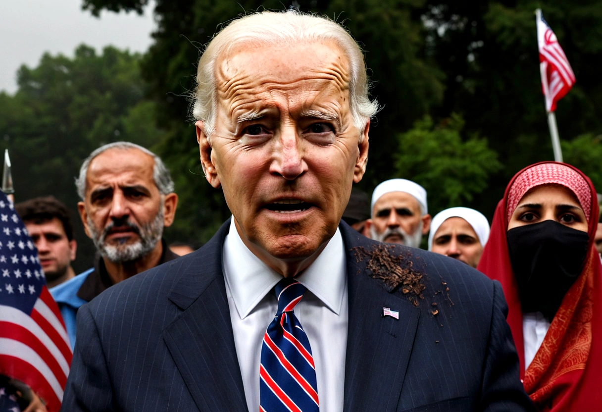 a decrepit old man, joe biden, cheering at a muslim terrorist rally (hijabs that obscure face, wielding swords and AK47 machine guns, flags of Iran and Islam), pledging american support, detailed wrinkled face, saggy skin, sunken eyes, grey hair, disheveled appearance, american flag, muslim extremists, explosions, chaos, dark clouds, eerie lighting, gloomy atmosphere, cinematic, highly detailed, photorealistic, 8k, dramatic, unnerving, unsettling
