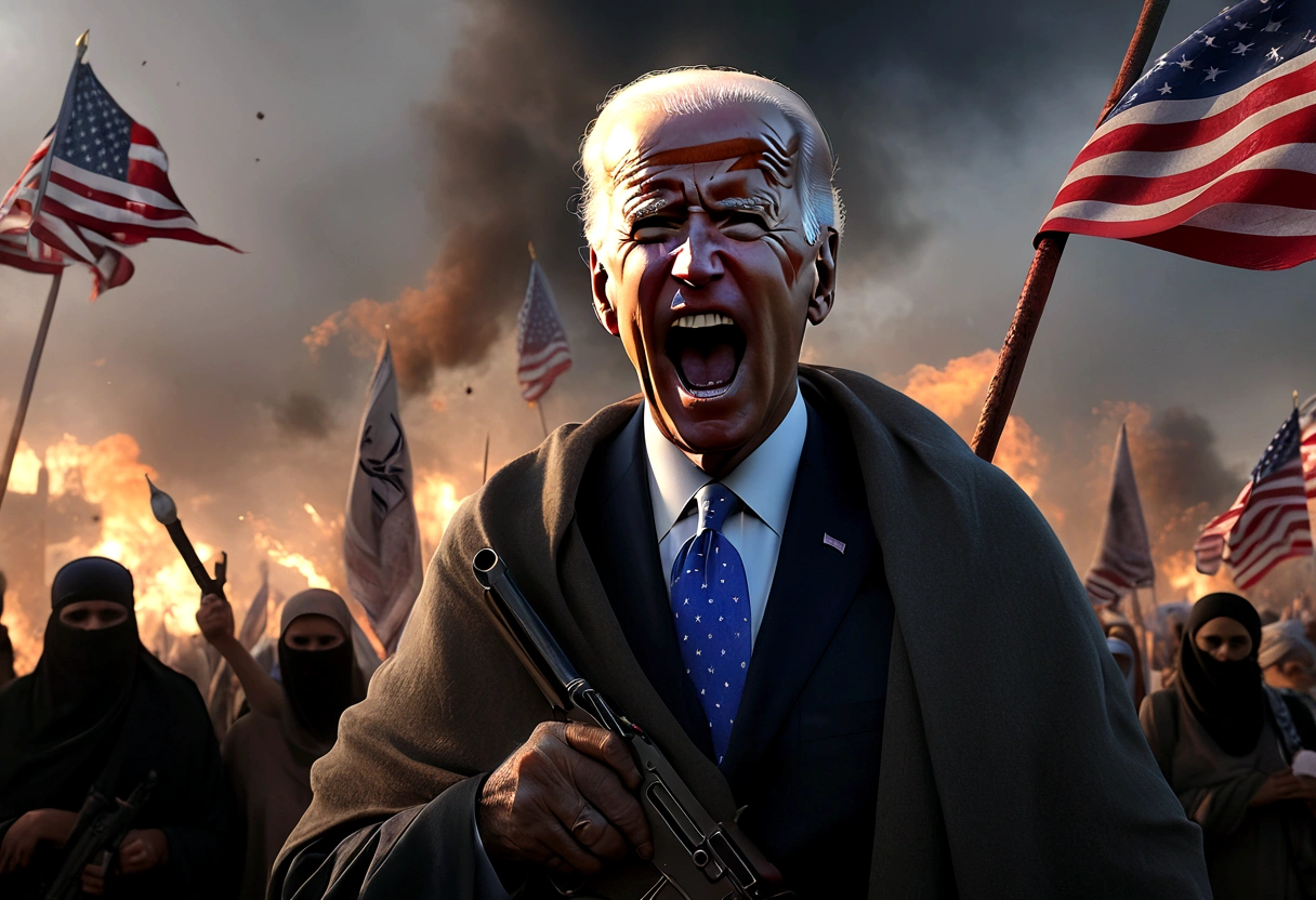 a decrepit old man, joe biden, cheering at a muslim terrorist rally (hijabs that obscure face, wielding swords and AK47 machine guns, flags of Iran and Islam), pledging american support, detailed wrinkled face, saggy skin, sunken eyes, grey hair, disheveled appearance, american flag, muslim extremists, explosions, chaos, dark clouds, eerie lighting, gloomy atmosphere, cinematic, highly detailed, photorealistic, 8k, dramatic, unnerving, unsettling