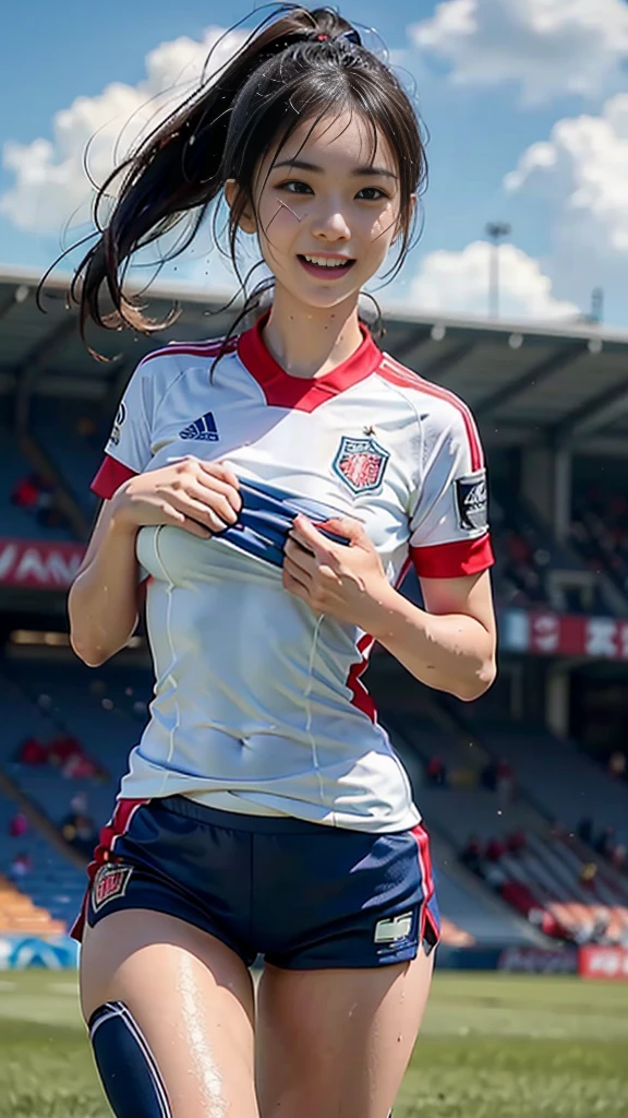 Highest quality, High resolution:1.2, Very detailed, Realistic:1.3, ((Beautiful woman))、((Super tight uniform))、((Big Breasts))、(((Lift up your shirt)))、(The chest is visible)、(((Soccer uniforms)))、Vibrant colors, play soccer,(Blunt bangs)、((Various Hair Styles))、Different hair colors、With bangs、Wet Hair, concentrate, splash, Action Shots, Grass blotches, Muddy ground, Wet turf, decide, Fast-paced games, Athletic physique, Shiny soccer ball, Wet Uniform, raindrop, Blurred motion, ボールにconcentrateする, Intense competition, Skillful dribbling, Energetic play, Teamwork, powerful shoots, Wet pitch, Passionate sports, Fierce decide, Humid atmosphere, Fluid movement, emotional expression、Dramatic lighting, Women's Sports, Avid athletes, Exciting Games, Endure, Excited state, Speed and agility, Energetic play, 濡れたsplash、smile、((Red Uniform))