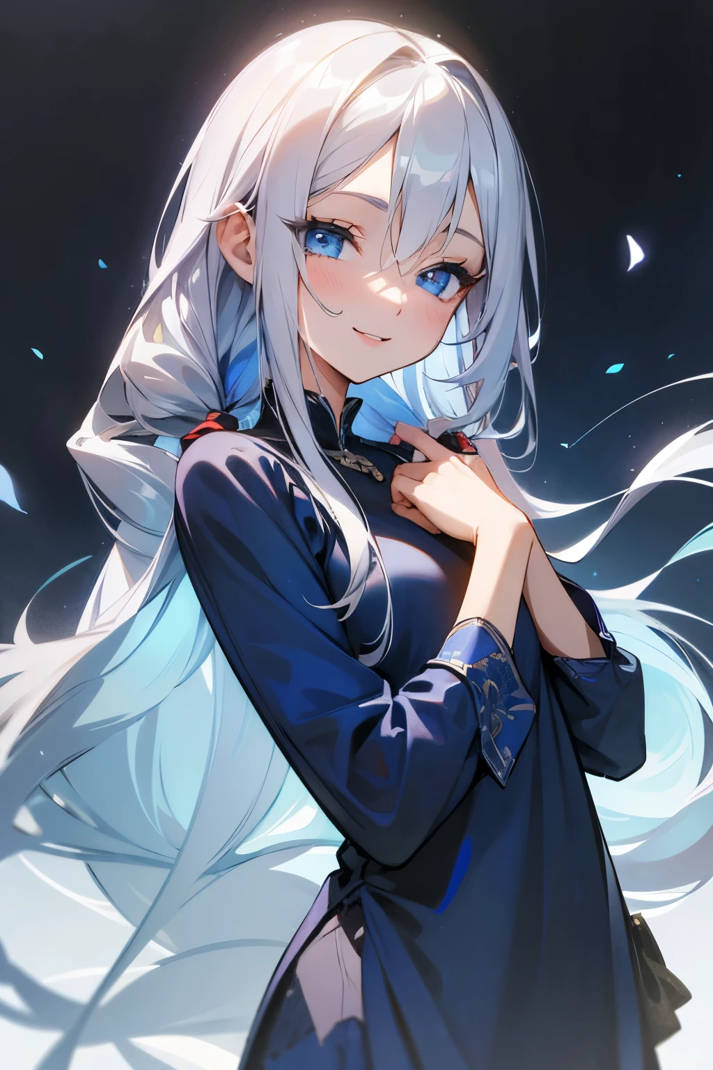 silver hair, (blue eyes:1.3), blue eyes, smiling face, celebrating, skin realistic, eyes shiny, hair detailed, beautiful illustration,(long hair:1.3), night,Beautiful girl、Get excited、(((Casual clothing)))