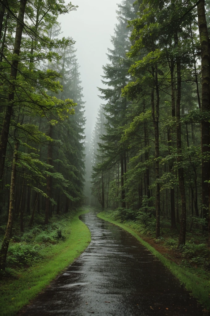 A rainy path through the forest
