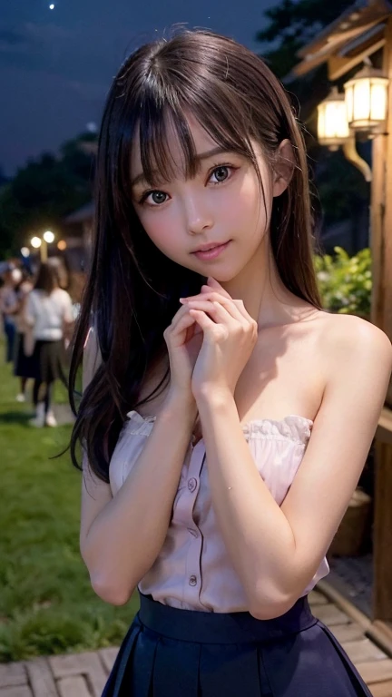 First Person View, (masterpiece:1.3), High resolution, Super detailed, Highly detailed CG Unity 8k wallpaper, Realistic, photo-Realistic, RAW Photos, Beautifully detailed face, Pale skin, Realistic glistening skin, Detailed cloth texture, Detailed hair texture, Perfect body, Beautiful Face, Accurate, Anatomically correct, Highly detailed face and skin texture, Natural neck length, (Beautiful Hands), (Fair skin:1.2), Thin legs, Thin legs, Good teeth alignment,
break,
Fine grain, Symmetrical eyes, Light brown eyes, double eyelid, Thin eyebrows, (Glossy Lips:1.4), ((Provocative smile:1.2)), (blush:1.3),
break,
(Classy and cute girl:1.3), (Wearing an elegant light purple button shirt:1.2),
break,
(Navy long irregular hem skirt:1.2), (Long skirt),
Medium chest, (Slim figure:1.1), Toned Abs, Beautiful clavicle,
(Dark blonde hair, Wavy Hair, Long Hair:1.2), ((Asymmetrical bangs:1.2)), ((whisper with hands around mouth:1.3)),
break,
(Standing leaning forward),
((in the outdoor 'Biergarten' of Japan at night:1.2)), (night), (night), (night), (Upper Body Shot:1.2), View your viewers, From above:0.5,