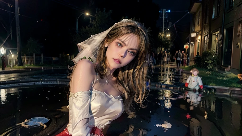 3d, hyper-realisitic, sculpture of a gothic fairy Mila Kunis sitting on the ground in an alley, pale skin, hair long blonde, looking messy, dripping with makup with a bottle of wine in hand, wearing red punk boots, (garter wedding dress:1.2), athletic and fit body, fine tune, Provocative, looking happy defiant, looking at the camera, natta, city lights (Raby, puddles:1.5), realisitic, hdr, ultra HD, dynamic, Portrait photo,