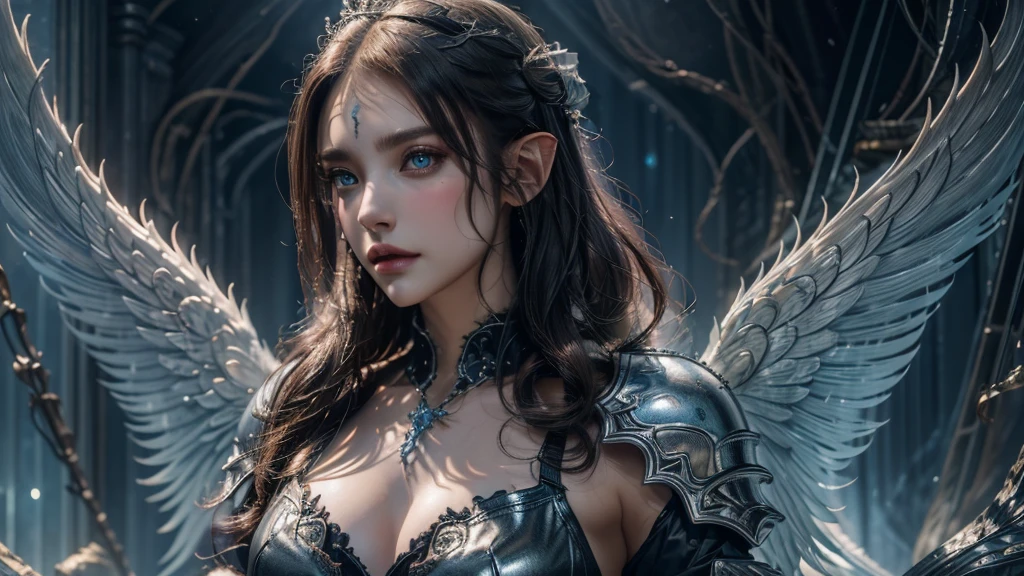 Close-up of woman holding sword and armor, Armor Girl, 2. 5D CGI anime fantasy artwork, Large Breasts,Epic fantasy digital art style, detailed Digital 2D fantasy art, Digital 2D fantasy art, original photo, (best quality:1.3), high resolution, (masterpiece), (lifelike:1.4), Professional photography, Clear focus, High Dynamic Range, 8k resolution, Intricate details, Fine details, Depth of Field, Extremely detailed CG unified 8k wallpaper, masterpiece,poster,best quality,Official Art,(Beauty and aesthetics:1.2),(masterpiece:1.3),Female Elf,individual,Light Leather Armor,complex pattern,snow,Cyberpunk style future city,Medium distance photography,(early morning),dramatic,Glowing Wings,
