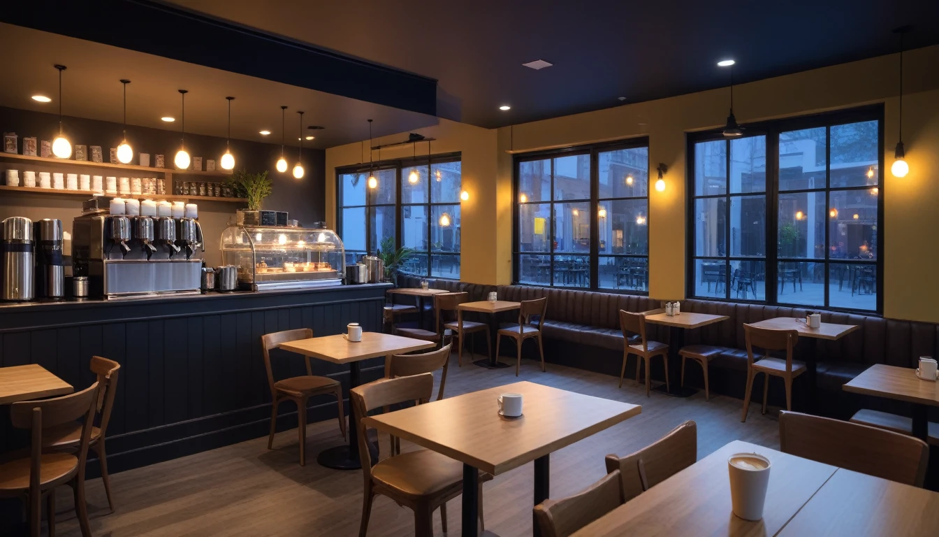 at night, frontal shot coffee shop interior, tables with coffee cups, and a big window in the center