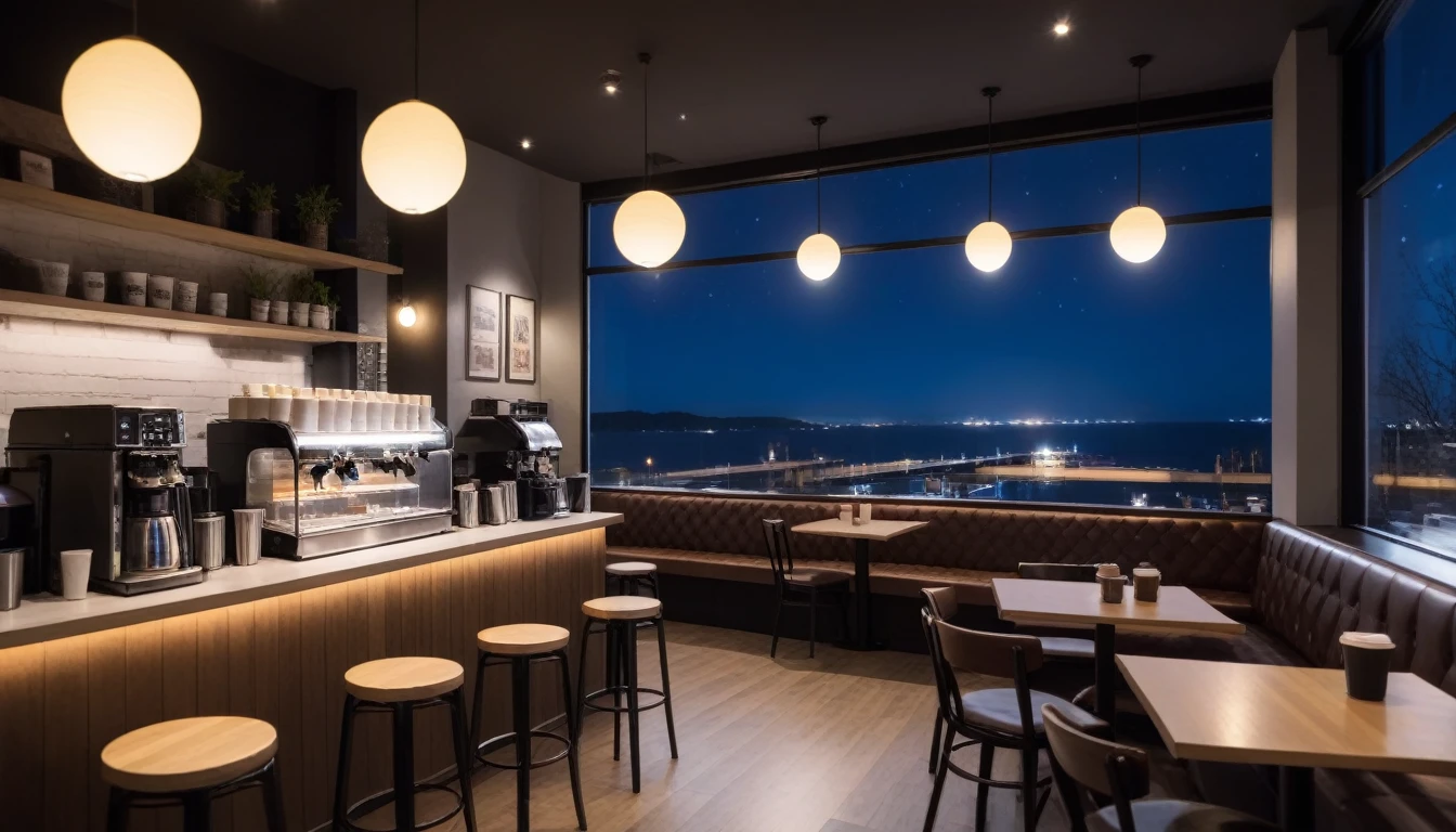 at night, frontal shot coffee shop interior, tables with coffee cups, and a big window in the center