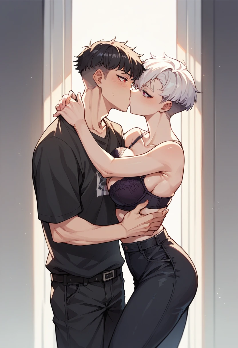 1 girl, pixie cut, white hair, purple eyes, Japanese, big breast, bra, kissing, 1 boy, tall, well built, black t shirt, black pants, wolf cut,long black hair, red eyes, making out, sexy