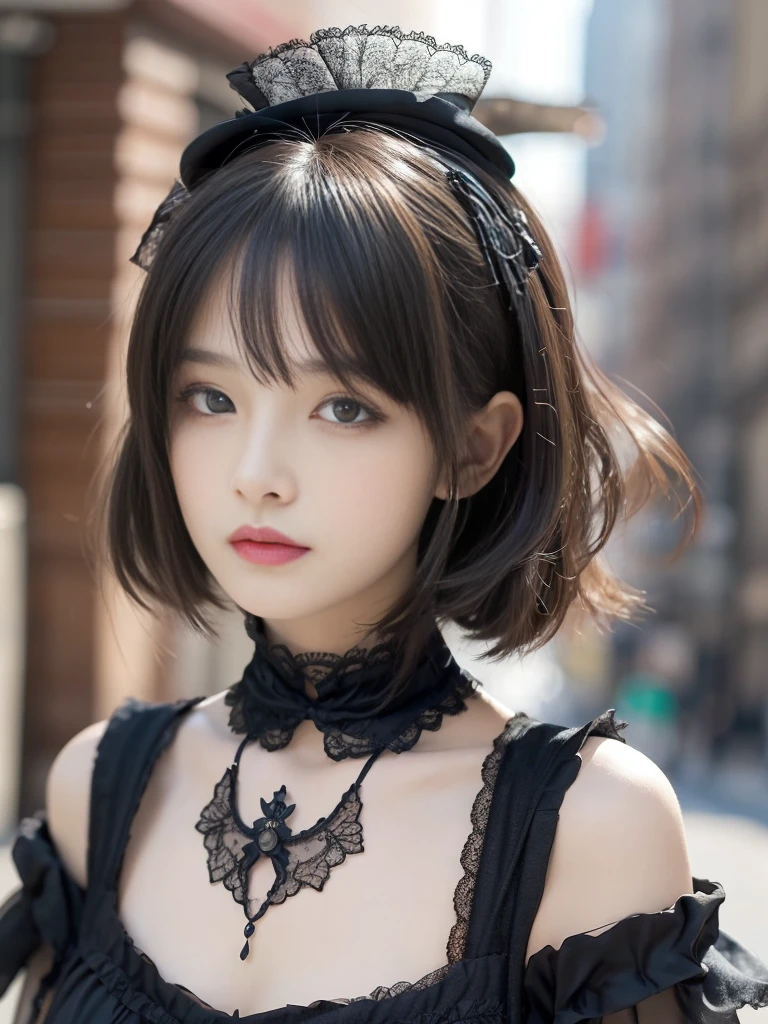 Female figure, She wears a complex visual kei gothic lolita outfit.,Gothic Makeup, A perfect blend of elegance and rebellion. His outfit features a luxurious lace combination., corset, Elaborate accessories, A Victorian top hat adorns his head., Ornately decorated. dark, His flowing hair cascades down his shoulders, Add an air of mystery. Dark eyeliner makes your eyes stand out, Complete the avant-garde look. This woman is the embodiment of visual kei gothic lolita.、It exudes an aura of theatrical decadence., Challenging traditional fashion norms with a captivating androgynous look.,Beautiful girls,Goth,(Highest quality, Very detailed, masterpiece:1.2), 1 women, Very thin body, length, Thin legs, ((Black layered cut short hair:1.2)), ((Thick and fluffy bangs)), Very detailedな顔,A faint smile, small, Thin Nose, small thin mouth, Extremely sharply focused eyes, Japanese, Beautiful Face, Realistic eyes, Beautiful and beautiful eyes, Realistic Skin, Beautiful Skin, charm, (A vivid face),