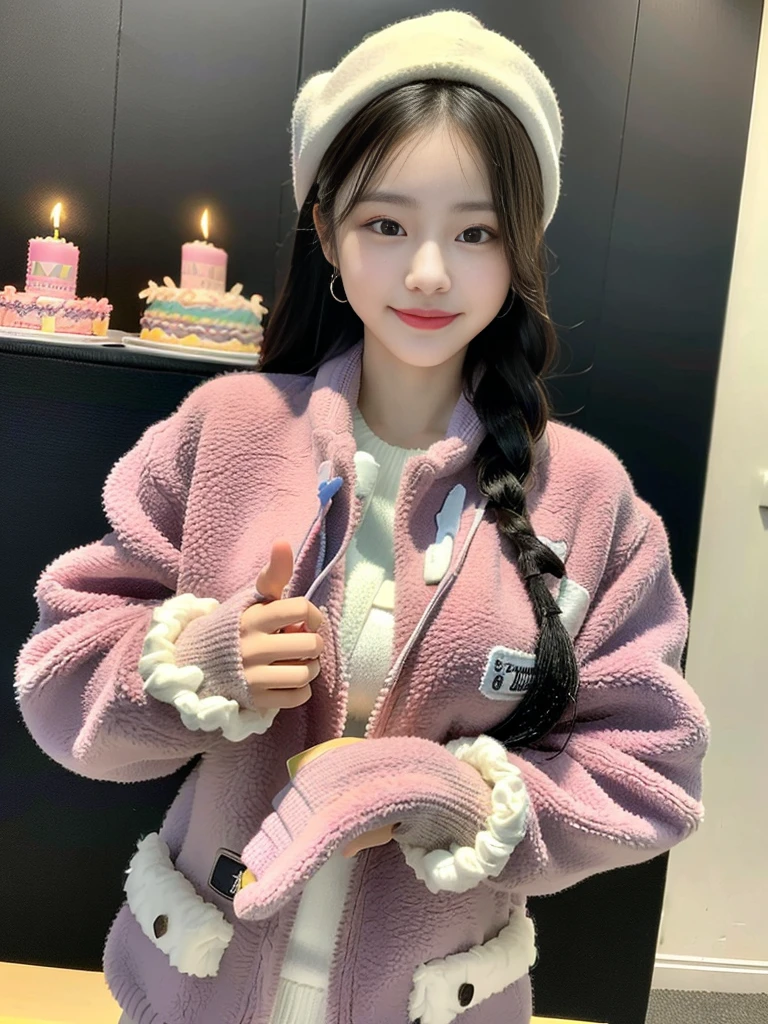 (A photo of a super cute Korean schoolgirl wearing a fleece jacket posing for the camera with a birthday cake:1.2)(grin,smile:1.1)(Beautiful Sweat:1.1)(16K, RAW Photos, Highest quality, masterpiece: 1.2),(A cute braid of shiny black hair) Super detailed, Super Resolution, (Genuine, Genuine photos: 1.37), Portraiture, High-resolution RAW color photos, Professional photos, Very detailed, 8k wallpaper, Very detailed CG Unity 8k wallpaper, Very detailed beautiful girls, Very detailed faces, ((whole body)), beautiful woman, Huge breasts,(huge boobs:1.1) (Big Boobs:1.1), beautiful  (Wearing a fleece jacket),high school girl, Korean Girls,(K-POP Female Idols), (Idol-class beauty)(Beautiful high school girl:1.1)(Birthday party)(17 years old)(Tight fleece jacket:1.1)Wearing a fluffy scarf and hand-knitted gloves(A large birthday cake with 12 candles)Wearing warm gloves and a cute beret