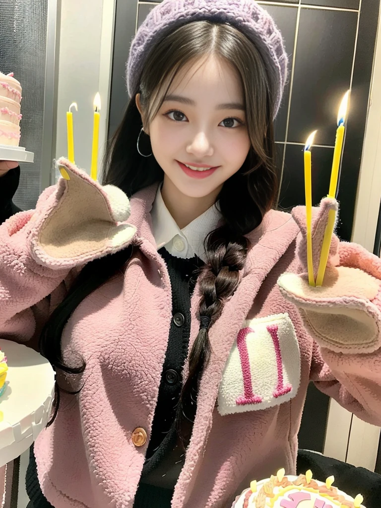(A photo of a super cute Korean schoolgirl wearing a fleece jacket posing for the camera with a birthday cake:1.2)(grin,smile:1.1)(Beautiful Sweat:1.1)(16K, RAW Photos, Highest quality, masterpiece: 1.2),(A cute braid of shiny black hair) Super detailed, Super Resolution, (Genuine, Genuine photos: 1.37), Portraiture, High-resolution RAW color photos, Professional photos, Very detailed, 8k wallpaper, Very detailed CG Unity 8k wallpaper, Very detailed beautiful girls, Very detailed faces, ((whole body)), beautiful woman, Huge breasts,(huge boobs:1.1) (Big Boobs:1.1), beautiful (Wearing a fleece jacket),high school girl, Korean Girls,(K-POP Female Idols), (Idol-class beauty)(Beautiful high school girl:1.1)(Birthday party)()(Tight fleece jacket:1.1)Wearing a fluffy scarf and hand-knitted gloves(A large birthday cake with 12 candles)Wearing warm gloves and a cute beret
