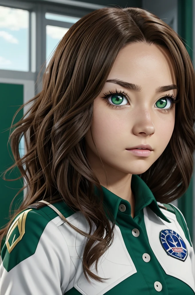 Captura de pantalla de my hero academia. Girl with very long brown hair with blonde highlights, sin fleco, almond-shaped light green eyes and has a calm, slightly serious expression and cringe-style makeup. She is wearing the UA uniform and in the background she has a UA school class and she is sitting at a table. 