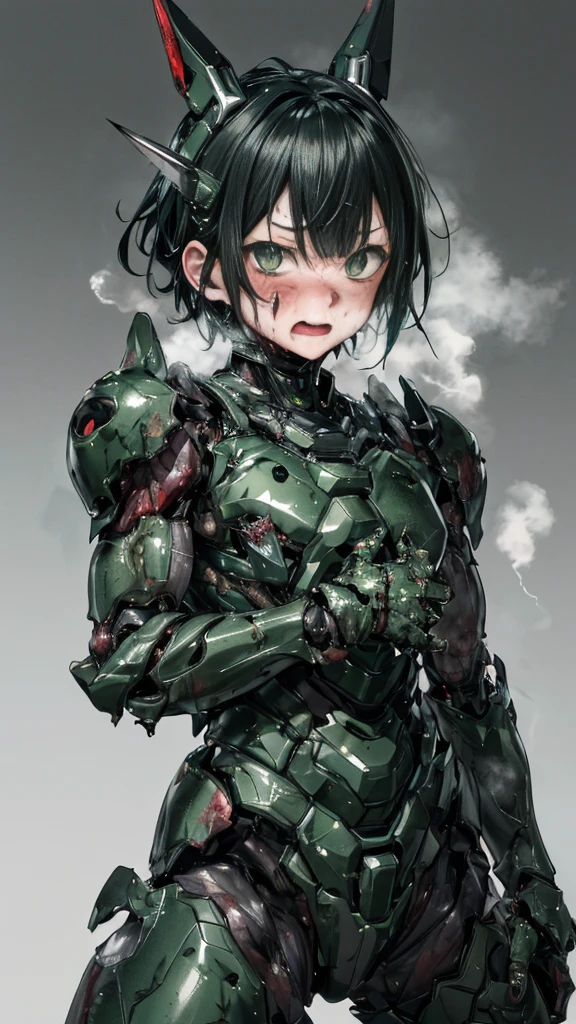 Rough skin, Very detailed, Advanced Details, high quality, 最high quality, High resolution, 1080P 、Bleeding from the wound、Sexy Eyes、Wearing green and black、cute((My whole body is sweating))(Equipped with a battle suit damaged by wounds....)(Dark green armor)(Broken Armor)Black Hair、Chiquita、Boyish Short Hair、Open your mouth、Painful expression、It hurts again、Healthy Skin、20-year-old women　defeat　(Steam coming out of the face) ((Steam coming out of the body)) 　Unable to fight　Severe seizures　Headgear broken　Ordinary face　Black Hair