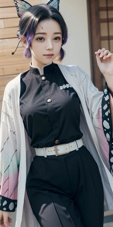 shinobukochou, shinobu kochou, animal print, black hair, butterfly, butterfly hair ornament, butterfly print, forehead, gradient hair, hair ornament, haori, multicolored hair, parted bangs, purple hair, short hair, two-tone hair,
BREAK belt, black pants, butterfly print, coat, demon slayer uniform, haori, japanese clothes, pants, uniform,
BREAK looking at viewer,
BREAK city,
BREAK (masterpiece:1.2), best quality, high resolution, unity 8k wallpaper, (illustration:0.8), (beautiful detailed eyes:1.6), extremely detailed face, perfect lighting, extremely detailed CG, (perfect hands, perfect anatomy),