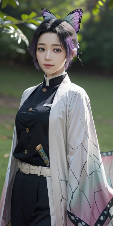 shinobukochou, shinobu kochou, animal print, black hair, butterfly, butterfly hair ornament, butterfly print, forehead, gradient hair, hair ornament, haori, multicolored hair, parted bangs, purple hair, short hair, two-tone hair,
BREAK belt, black pants, butterfly print, coat, demon slayer uniform, haori, japanese clothes, pants, uniform,
BREAK looking at viewer,
BREAK city,
BREAK (masterpiece:1.2), best quality, high resolution, unity 8k wallpaper, (illustration:0.8), (beautiful detailed eyes:1.6), extremely detailed face, perfect lighting, extremely detailed CG, (perfect hands, perfect ???????),