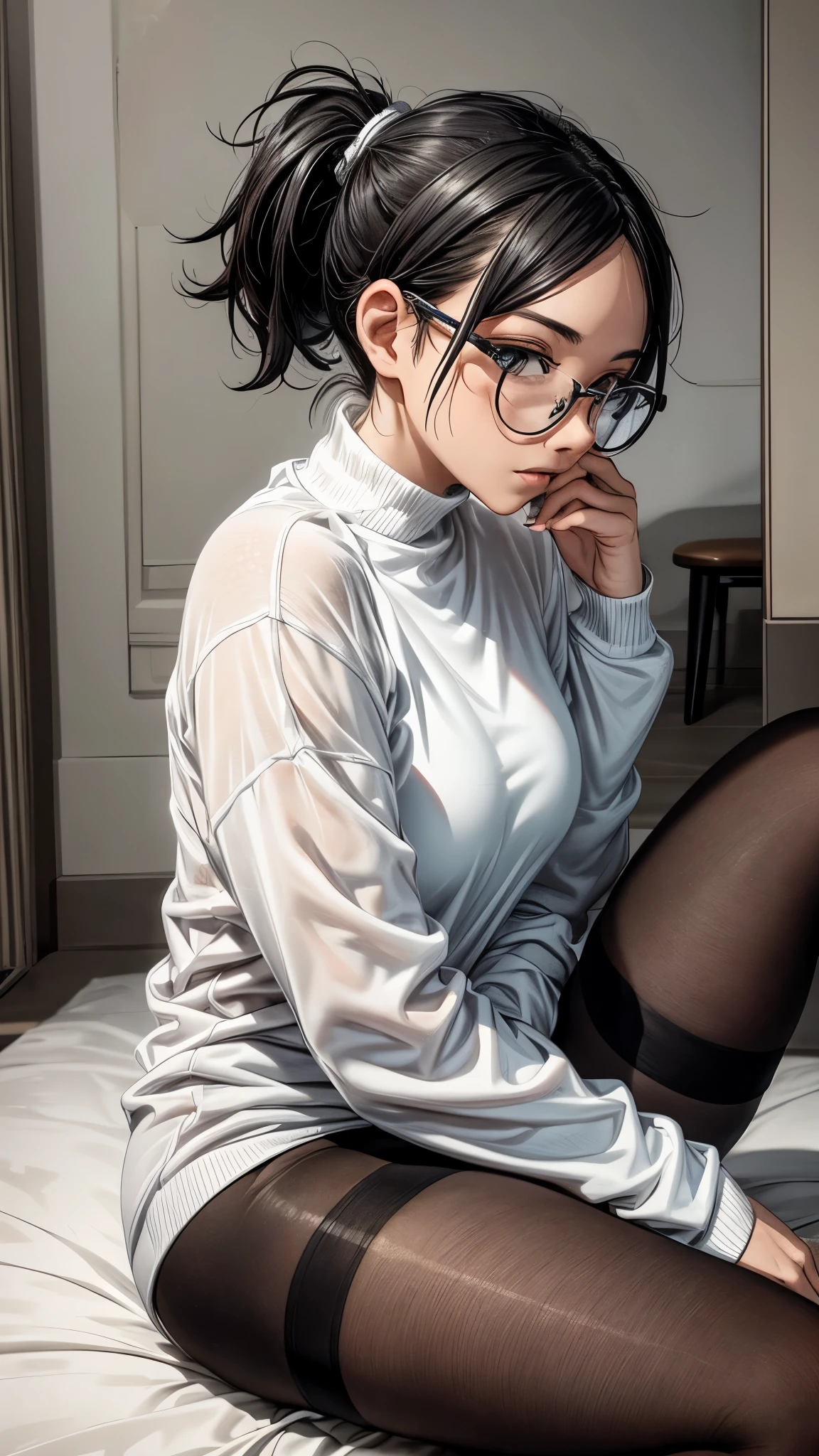 a 28 year old woman with black short ponytail hair, freckles, and glasses, wearing an white oversized long sleeve top, black bodysuit, black leggings,socks and sneakers, sitting in a cozy room interior