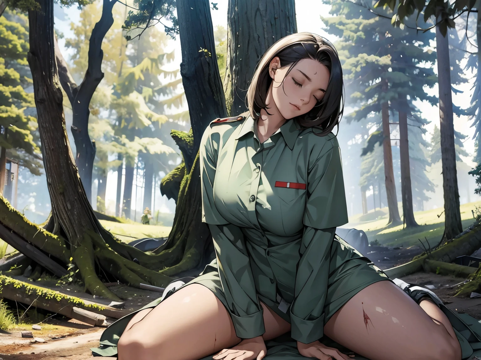 (photo Realistic:1.4), (hyper Realistic:1.4), (Realistic:1.3),best quality,(Wounded),(corpse),Killing by enemy,Abandoned Corpse,Female Soldier,,in the forest,from above,small breast,Detailed skin texture,feet,Dirty Skin,Spread your legs,Fall down,cum in pussy,at night,