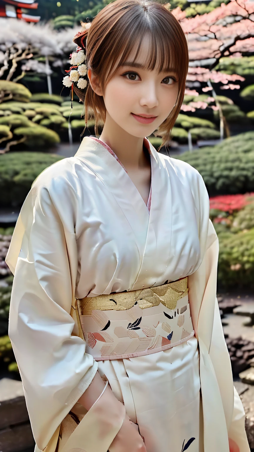 (((Regular dressing:1.5))),(Surreal), (High resolution), (8K), (Very detailed), (Best illustrations), (Beautifully detailed and sparkling eyes), (Highest quality), (Very detailedな), (masterpiece), (wallpaper), (Detailed face), (Beautiful smile)、(Beautiful expression)、(((((One female:1.2)))))、Looking into the camera、((Glamorous Body))、(((Japanese、Reality、Sexy gestures、Kenrokuen Garden、Japanese garden、Beautiful kimono with a white base、National treasure-class kimono,Thick kimono:1.5)))