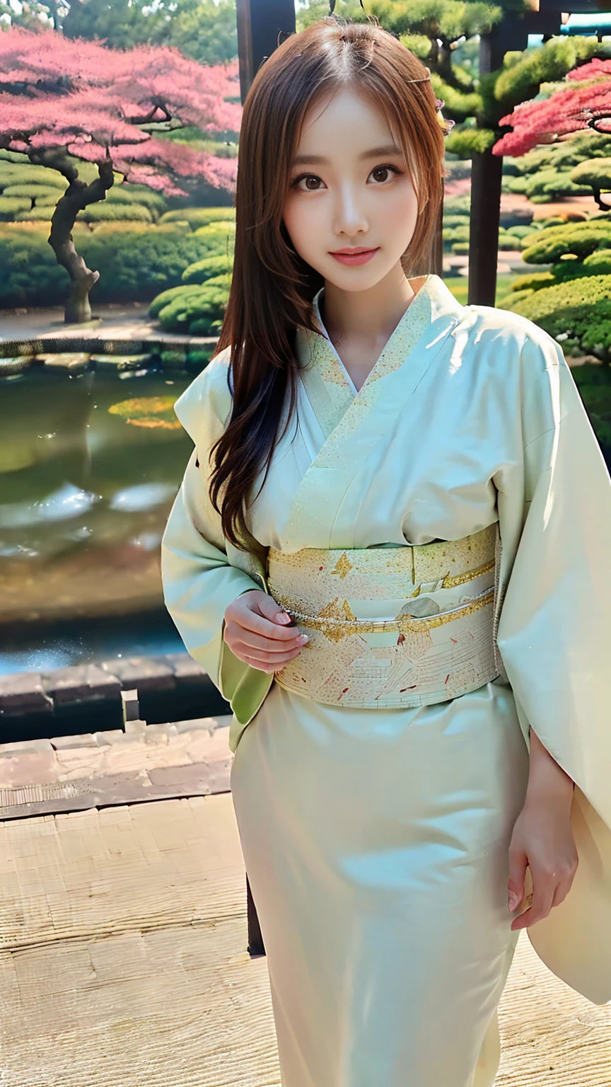 (((Regular dressing:1.5))),(Surreal), (High resolution), (8K), (Very detailed), (Best illustrations), (Beautifully detailed and sparkling eyes), (Highest quality), (Very detailedな), (masterpiece), (wallpaper), (Detailed face), (Beautiful smile)、(Beautiful expression)、(((((One female:1.2)))))、Looking into the camera、((Glamorous Body))、(((Japanese、Reality、Sexy gestures、Kenrokuen Garden、Japanese garden、Beautiful kimono with a white base、National treasure-class kimono,Thick kimono:1.5)))